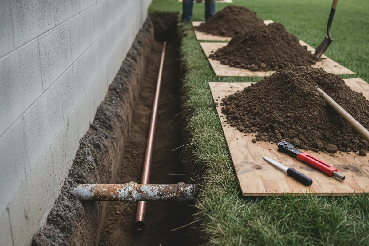 Excavated water line trench during Sewer Line Repair in Westphalia